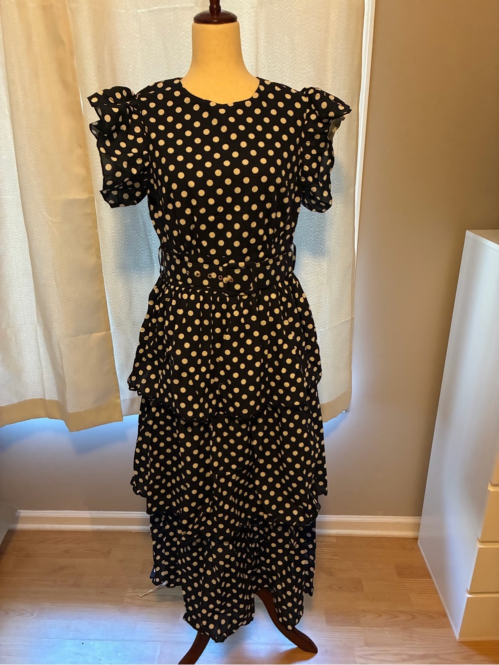Prosperina Navy and White Polka Dot Tiered Ruffle Maxi Dress, NWT, large